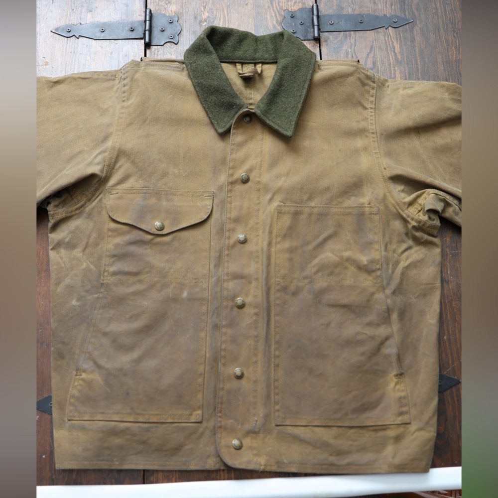 Filson Brown Waxed Canvas Field Jacket with Olive Collar